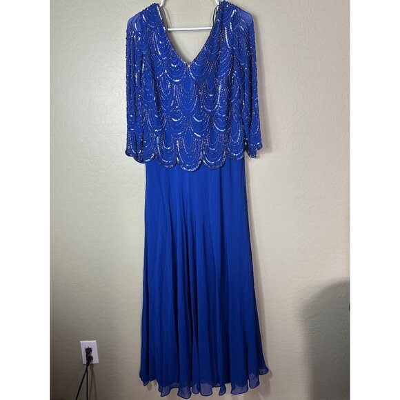 NWT J Kara Women's V-Neck 3/4 Sleeve Scalloped Beaded Mock Dress, Royal/Multi, 4 - Picture 8 of 8